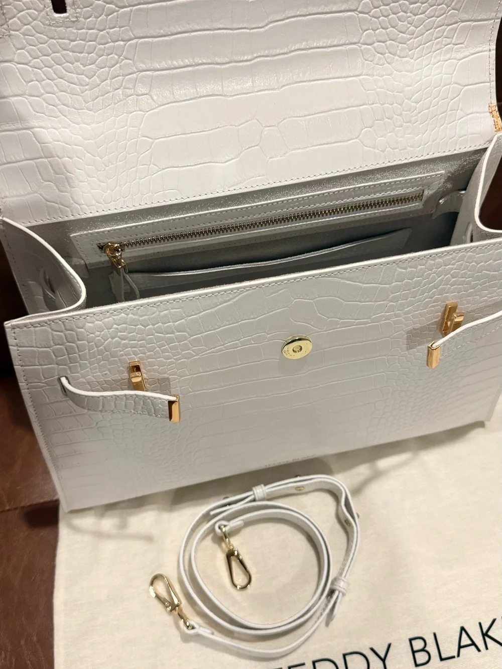 Teddy Blake White Croc-Embossed Top-Handle Satchel with Gold Hardware